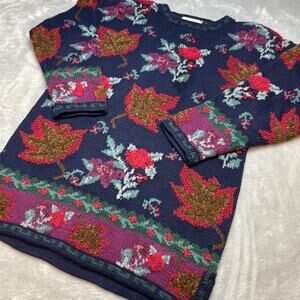 Vintage Talbots Womens Hand Knitted Sweater Sz M Navy Fall Leaves Textured Tunic